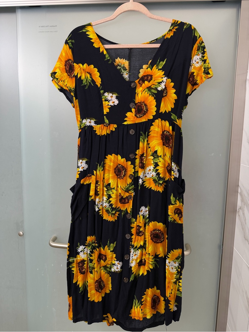 Sunflower Print Navy Blue Button-Front Dress